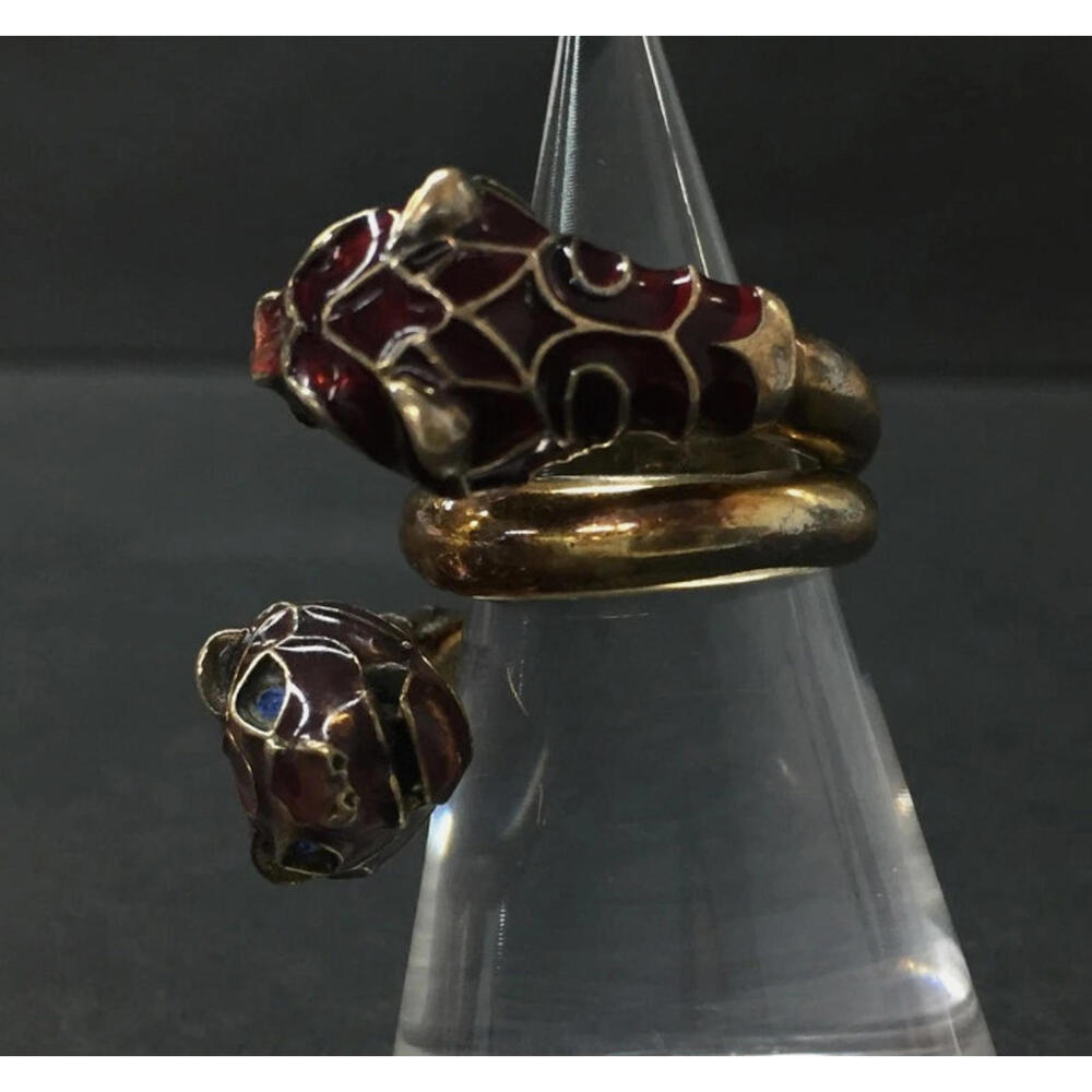 Gucci Gold Double Tiger Head Ring Pinky Blue Crystal Eyes Gold Tone Size 46 3.75 - Picture 3 of 5